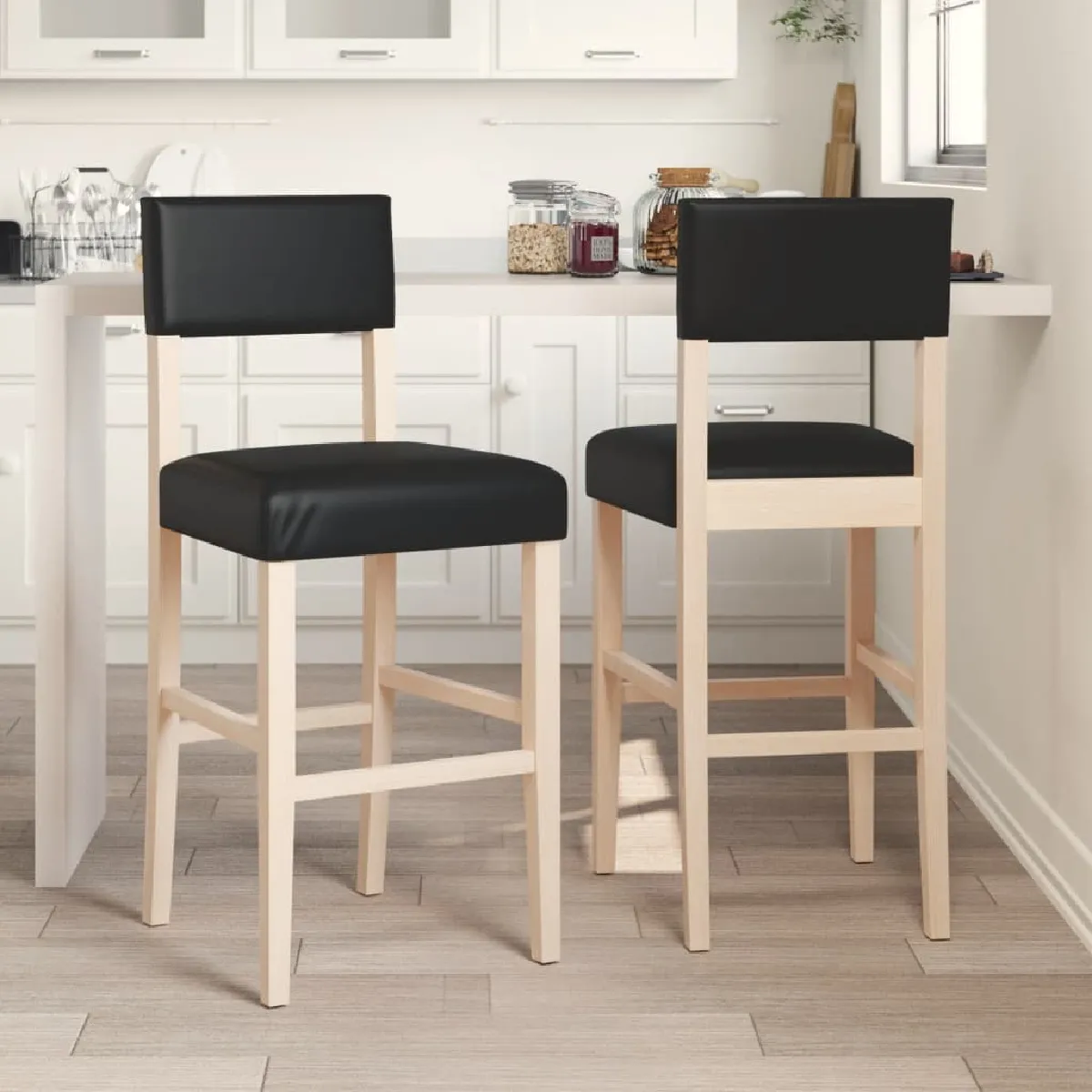 VidaXL Chaises Bar Bois Hévéa Similicuir (Lot de 2)