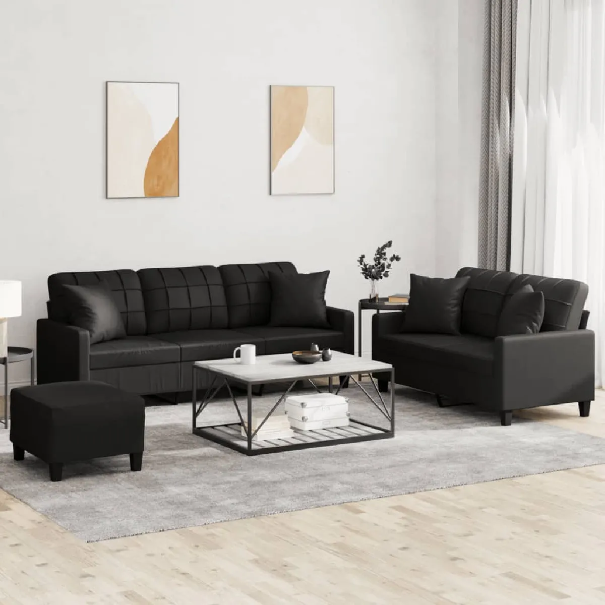 Non Communiqué Noir Ensemble De Canapés 3 Pcs Avec Coussins Similicuir - Image 3