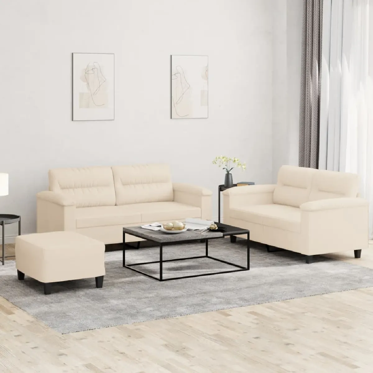 Non Communiqué Beige Ensemble De Canapés 3 Pcs Avec Coussins Tissu Microfibre - Image 3