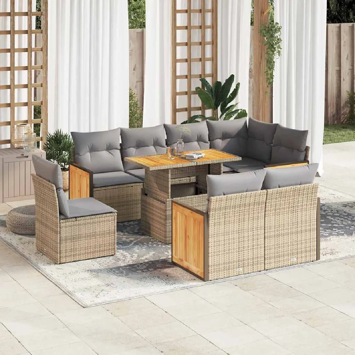 vidaXL Salon de jardin résine tressée acacia 9 pcs - vue 2
