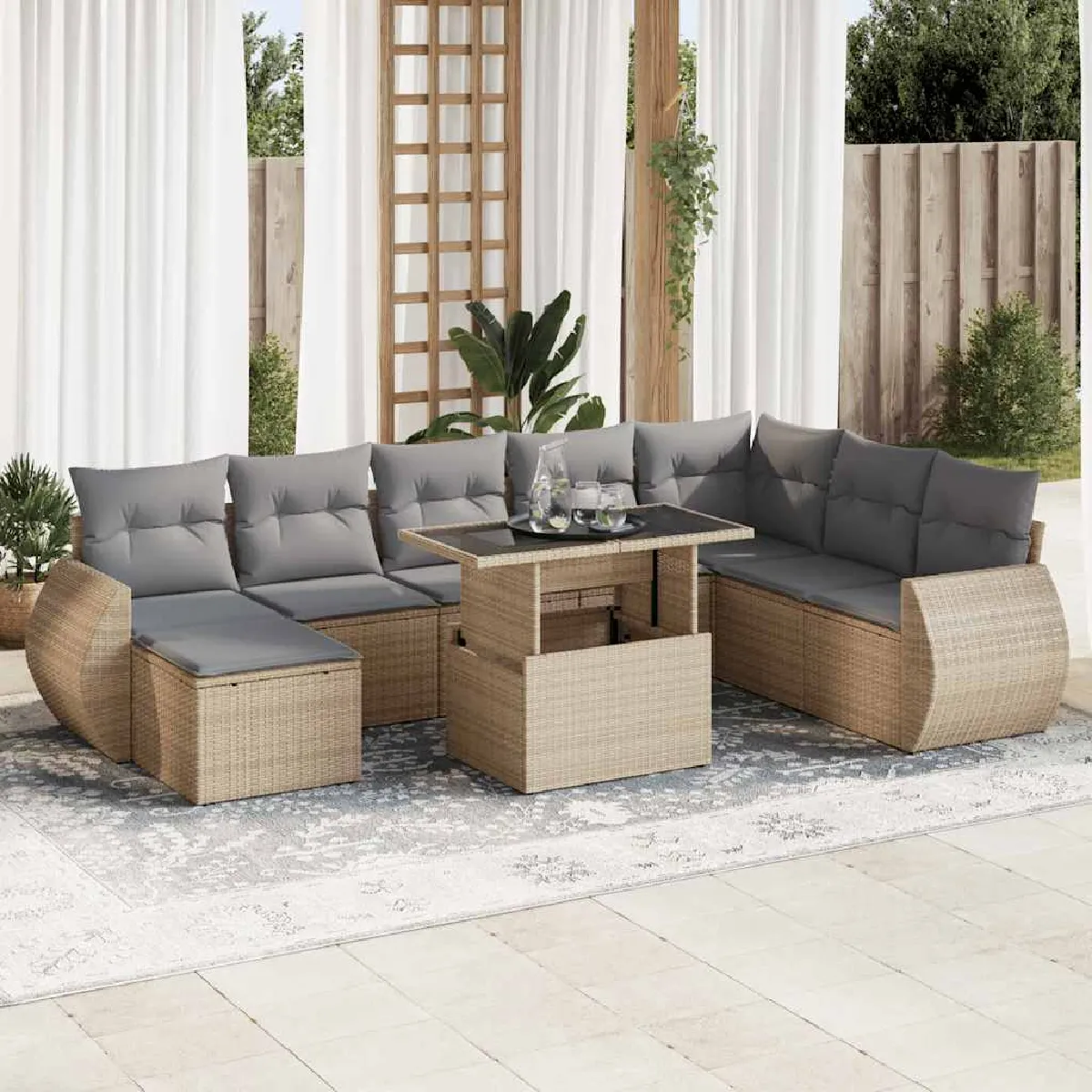 VIDAXL Salon de jardin avec coussins 9 pcs - Beige