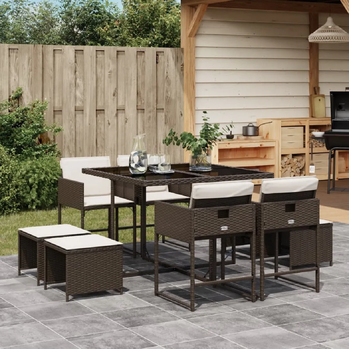 vidaXL Ensemble à Manger de Jardin avec Coussins 9 pcs Table et Chaises à Dossier Rabattable Meubles d'Extérieur Patio 3211317 - vue 2