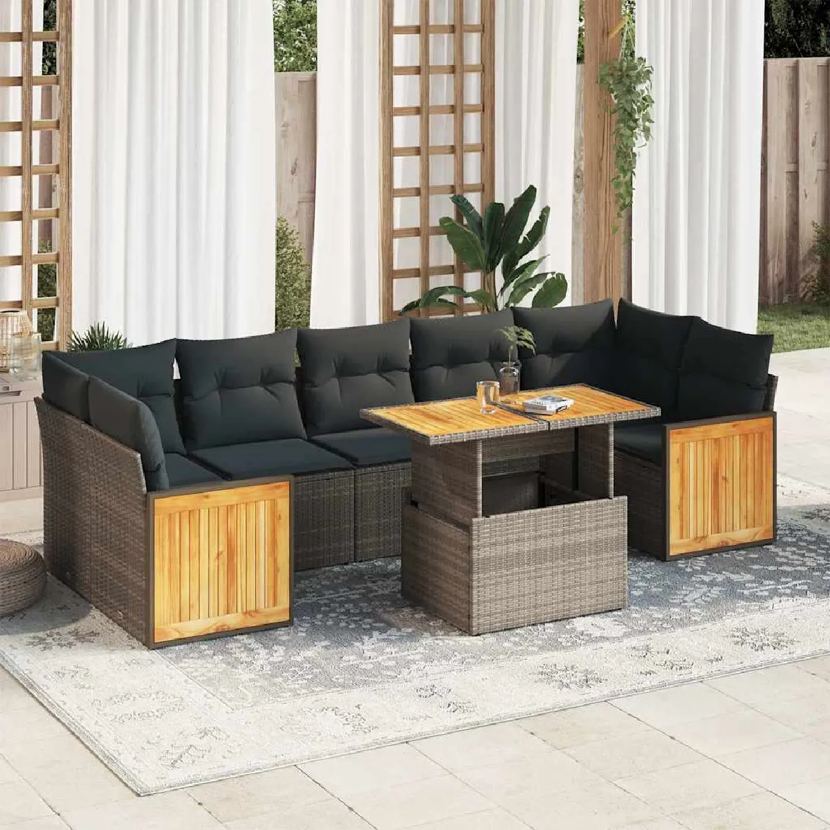 Salon de jardin 8 pcs résine tressée acacia - vue 2