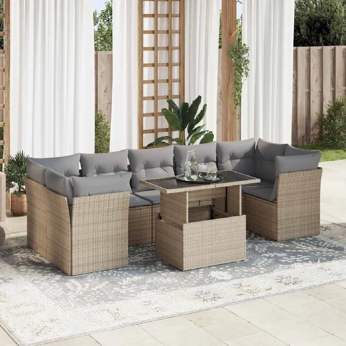 Vidaxl Beige Resine Tressee Salon De Jardin 8 Pieces 7 Personnes - Image 3