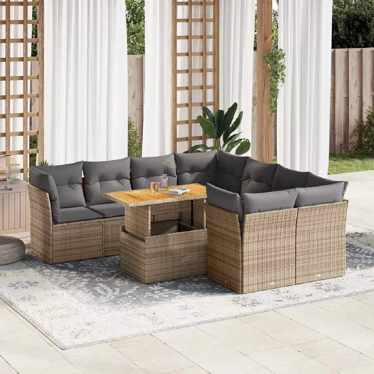 Non Communiqué Beige 9 Pieces Vidaxl 8 Personnes Salon De Jardin Modulable Resine Tressee - Image 3