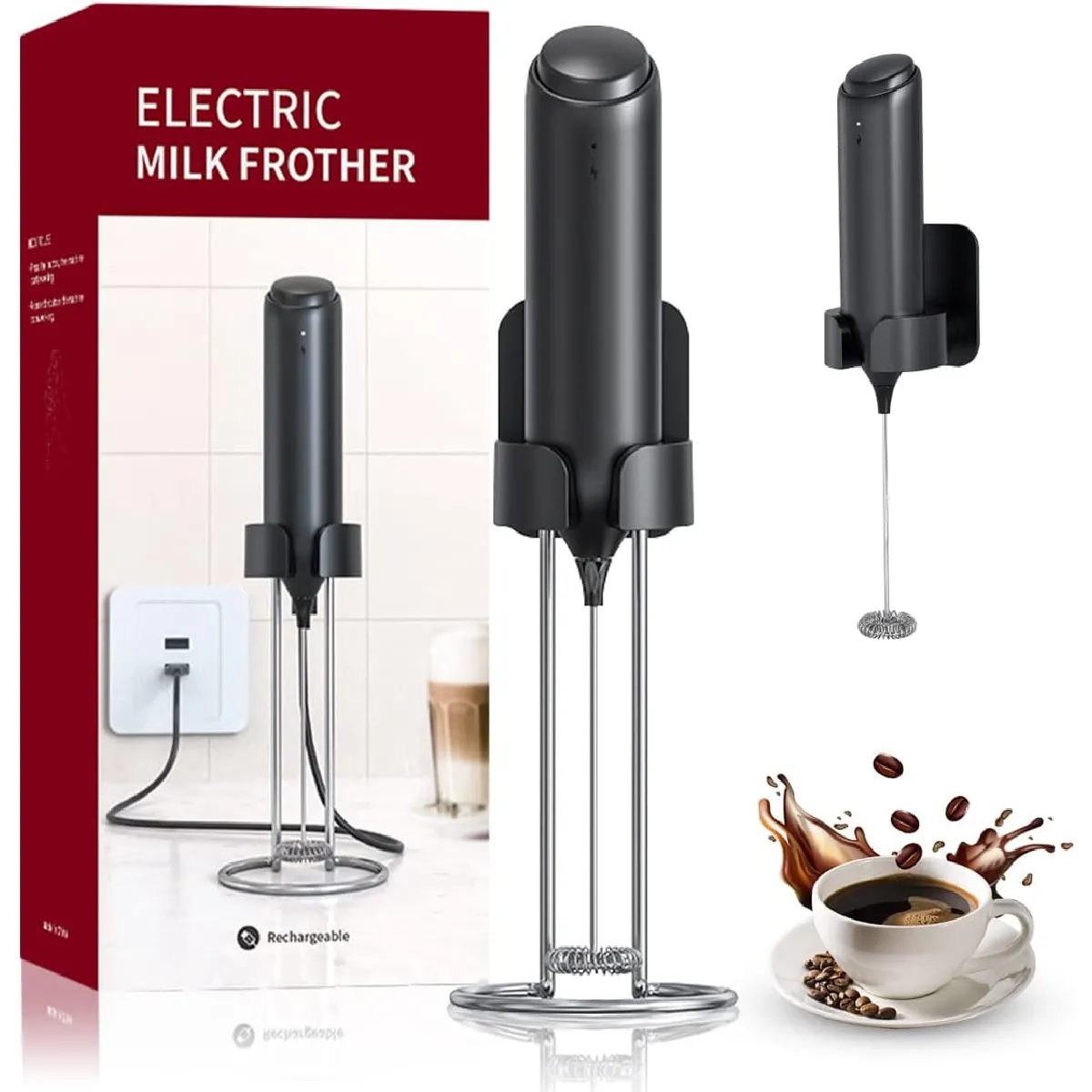 Vendos85 Noir Mousseur À Lait Electrique Rechargeable Usb Avec Support - Image 2