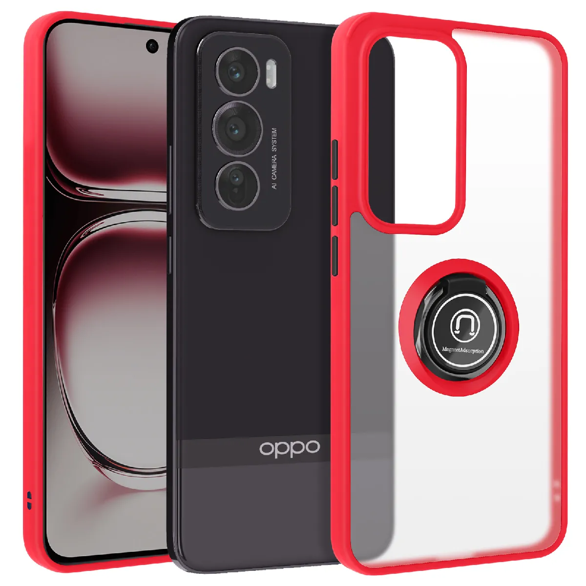 Avizar Rouge Coque Pour Oppo Reno 12 Pro Bague Métallique Support Vidéo