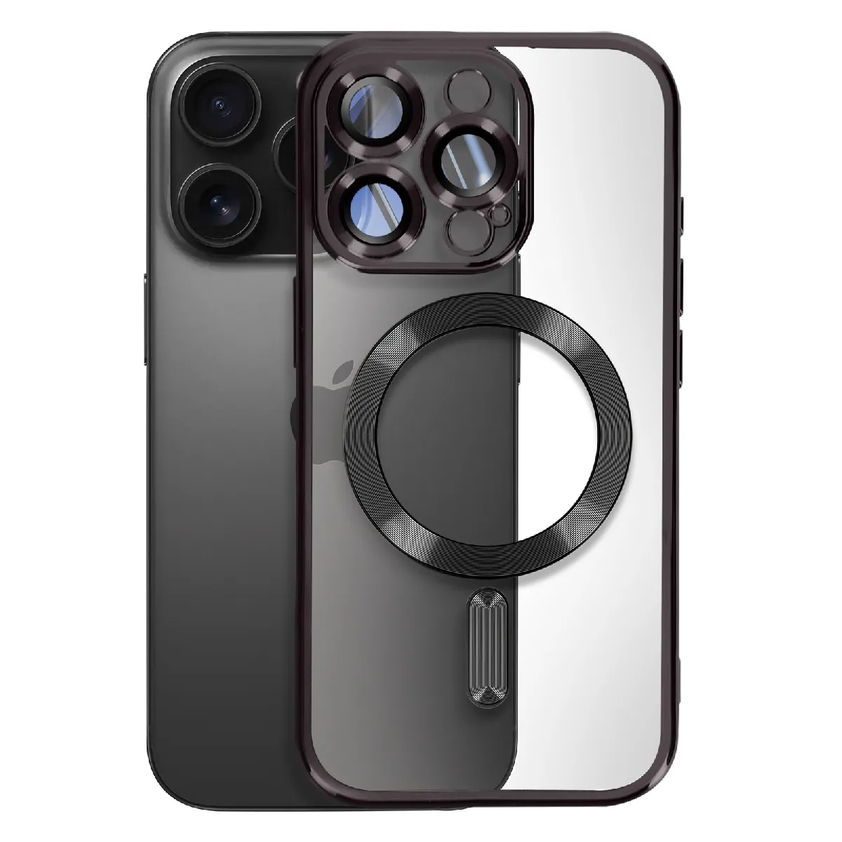 Avizar Noir Coque Magsafe Pour Iphone 16 Pro Silicone Contour Chromé