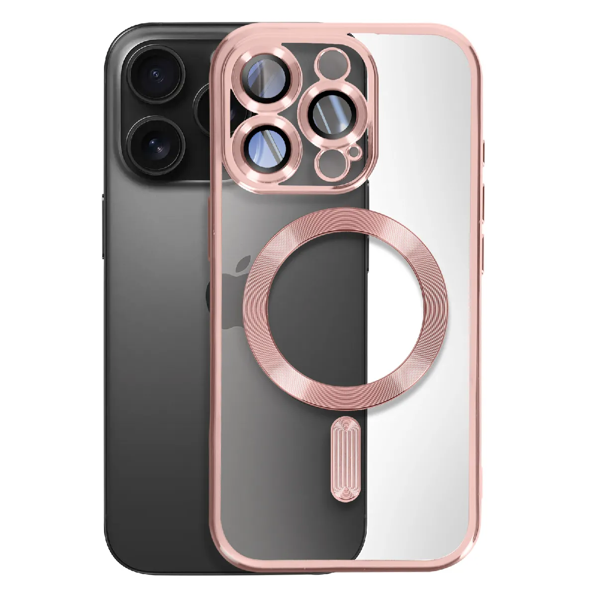Avizar Rose Coque Magsafe Pour Iphone 16 Pro Max Silicone Contour Chromé Champagne