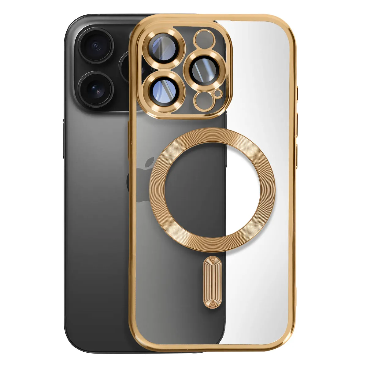 Avizar Doré Coque Magsafe Pour Iphone 16 Pro Silicone Contour Chromé E
