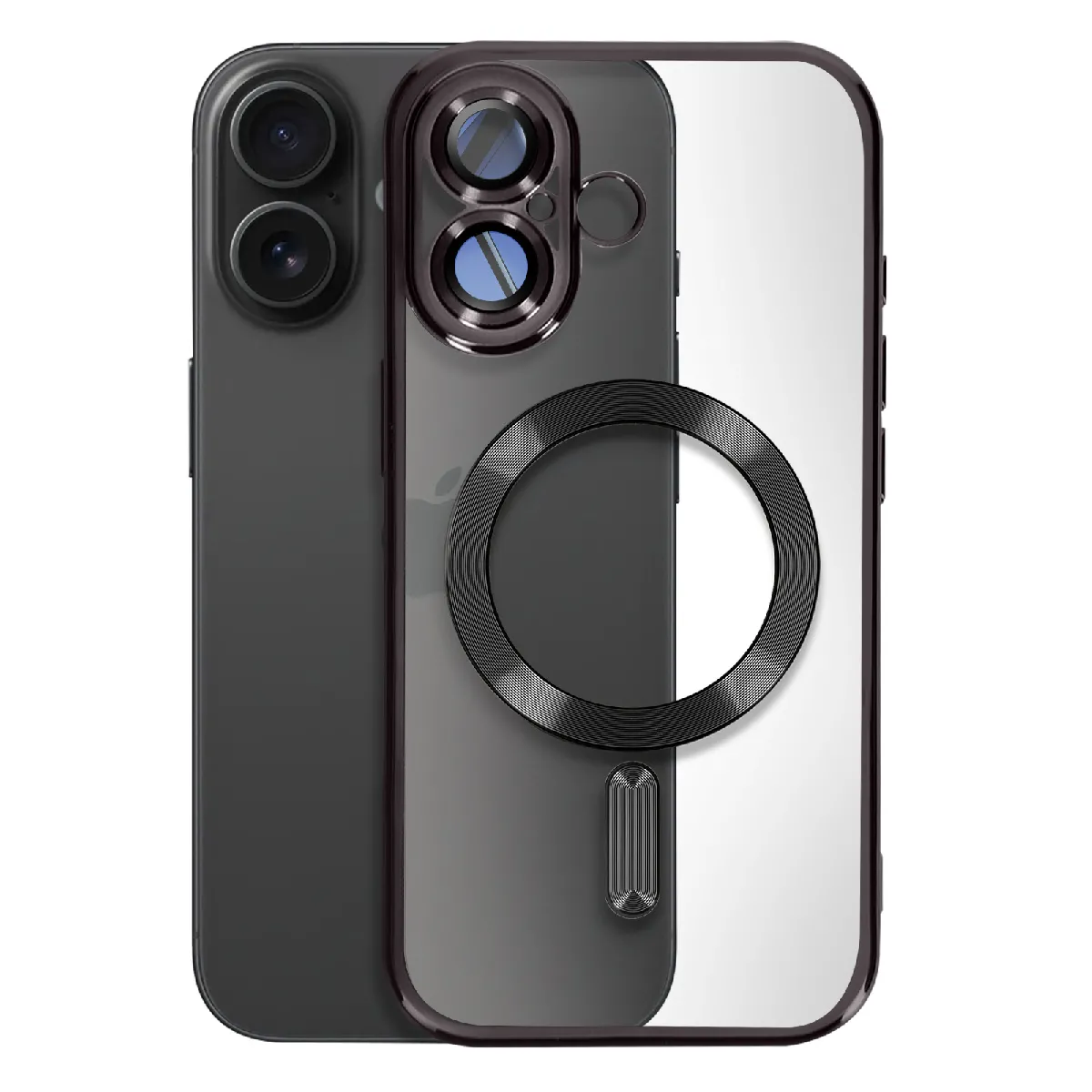 Avizar Noir Coque Magsafe Pour Iphone 16 Plus Silicone Contour Chromé