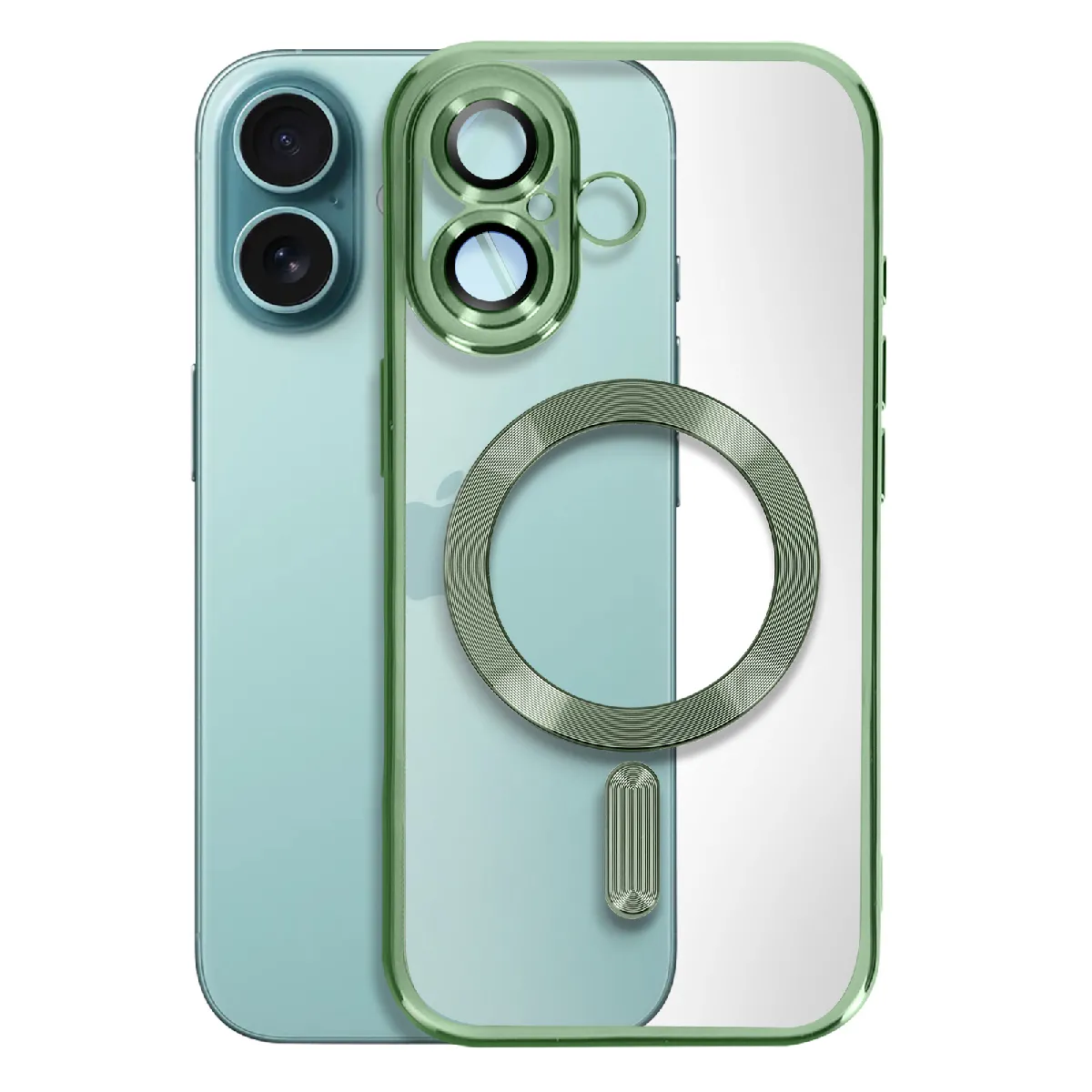 Avizar Vert Coque Magsafe Pour Iphone 16 Silicone Contour Chromé Foncé