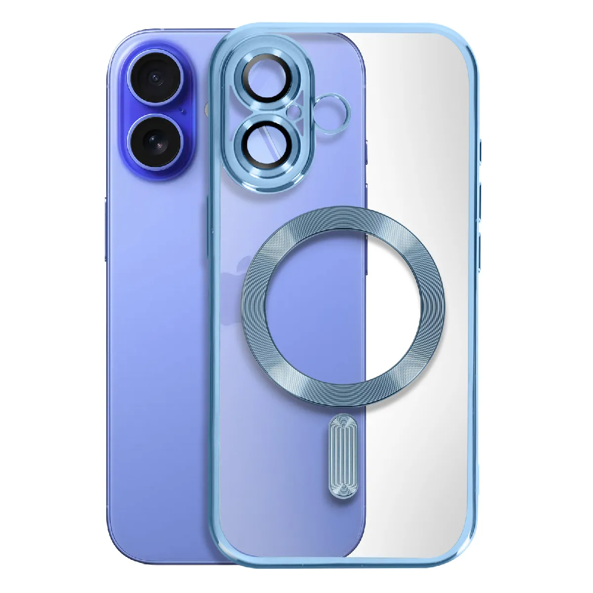 Avizar Bleu/Clair Coque Magsafe Pour Iphone 16 Plus Silicone Contour Chromé
