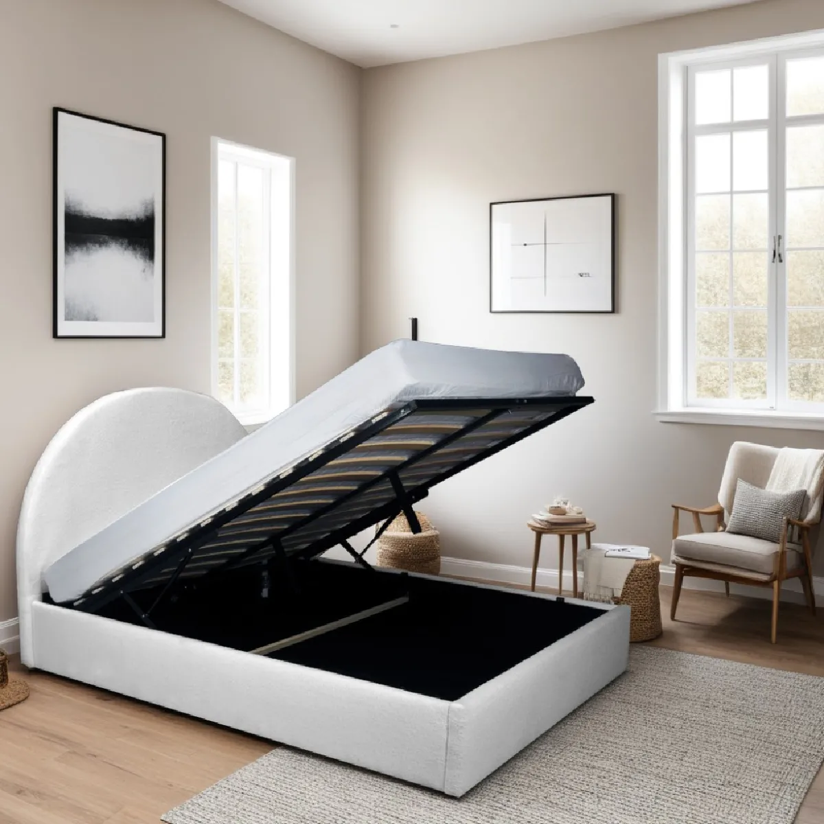 LIT COFFRE TISSU BOUCLETTE 140x190 SHERPA + SOMMIER / Blanc
