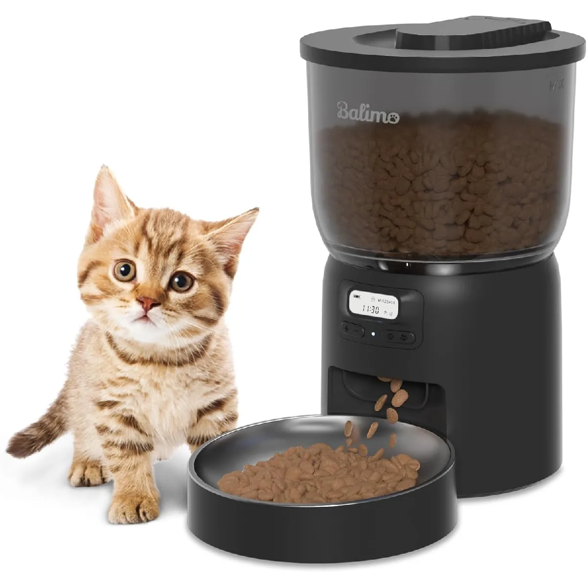Meilleurs prix pour Balimo Dick 3L Distributeur Croquettes Chat Automatique,Minuterie Programmable/Fonction Enregistrement,avec Bol en Inox,Jusqu'à 6 Repas/Jour (Noir)
