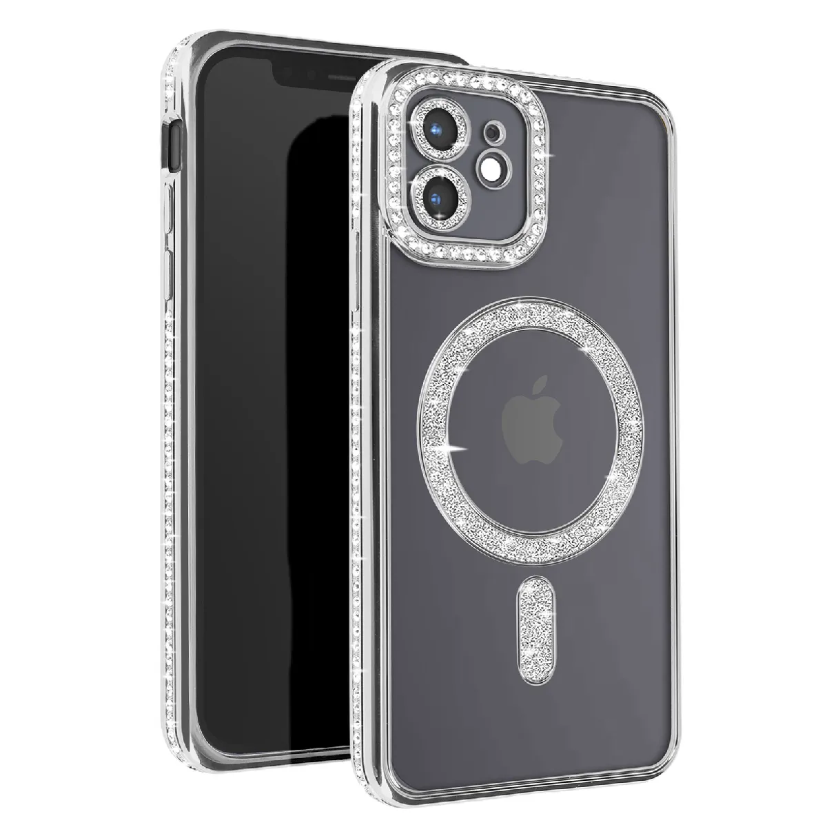 Avizar Argent Coque Diamant Pour Iphone 12 Protection Magsafe Contour Strass