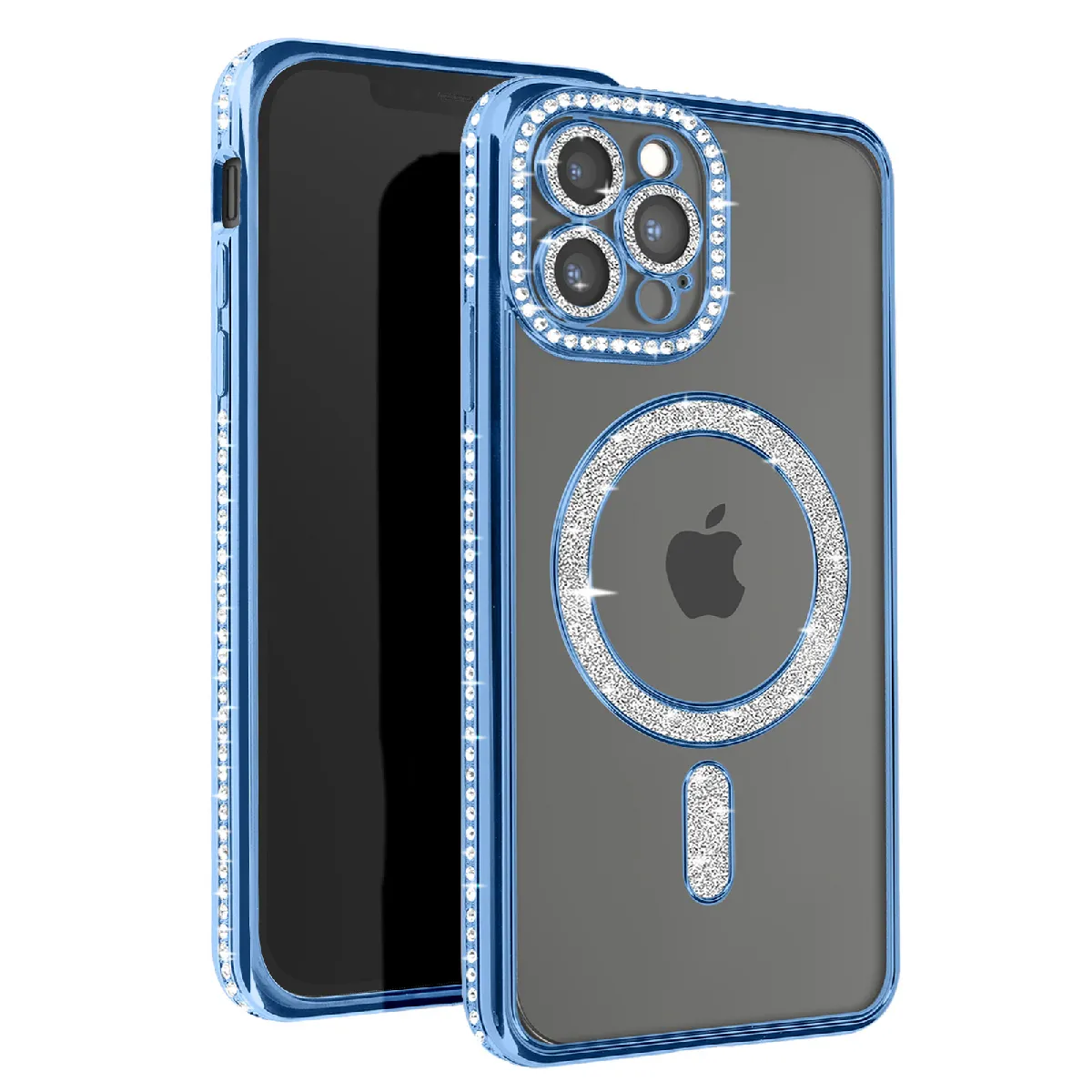 Avizar Bleu/Clair Coque Diamant Pour Iphone 12 Pro Max Protection Magsafe Contour Strass