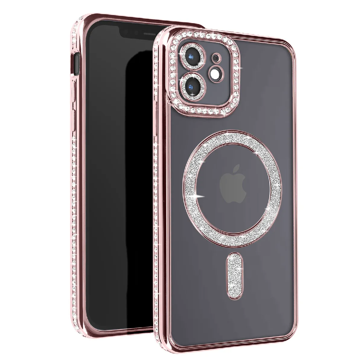 Avizar Rose Coque Diamant Pour Iphone 12 Protection Magsafe Contour Strass Champagne