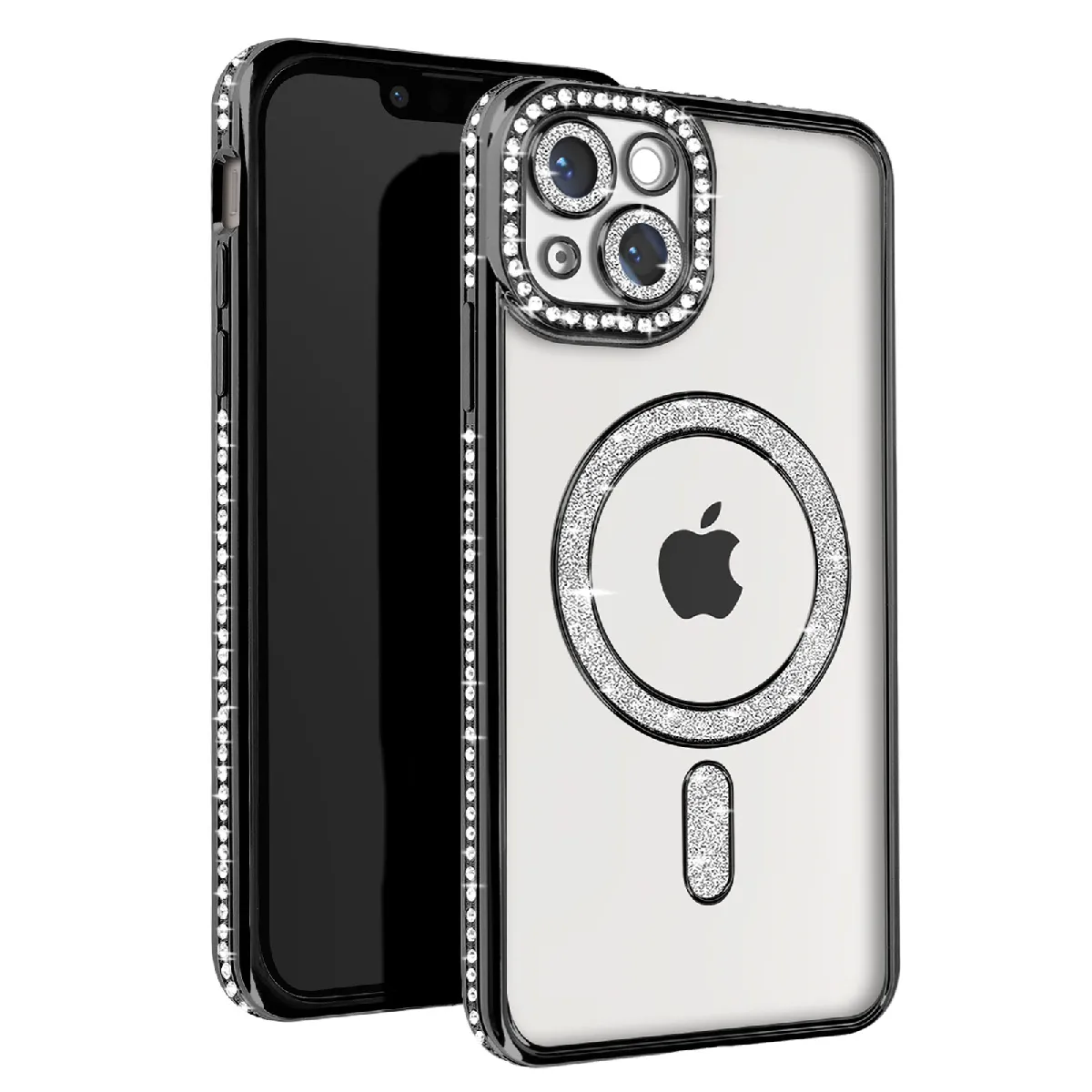 Avizar Noir Coque Diamant Pour Iphone 13 Protection Magsafe Contour Strass