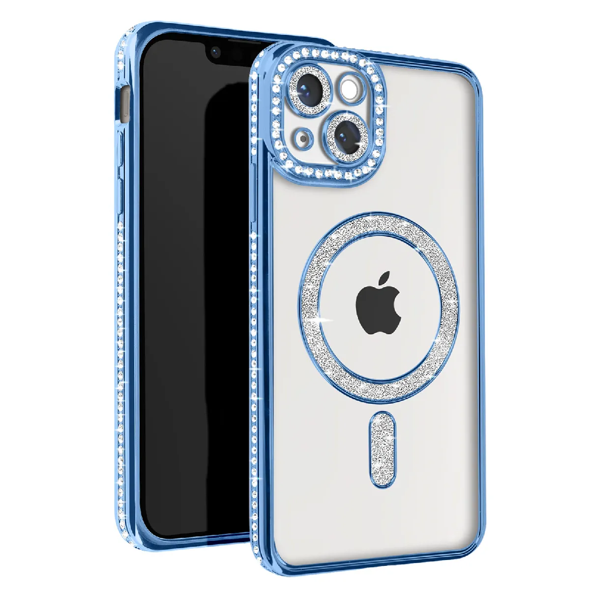 Avizar Bleu/Clair Coque Diamant Pour Iphone 13 Protection Magsafe Contour Strass