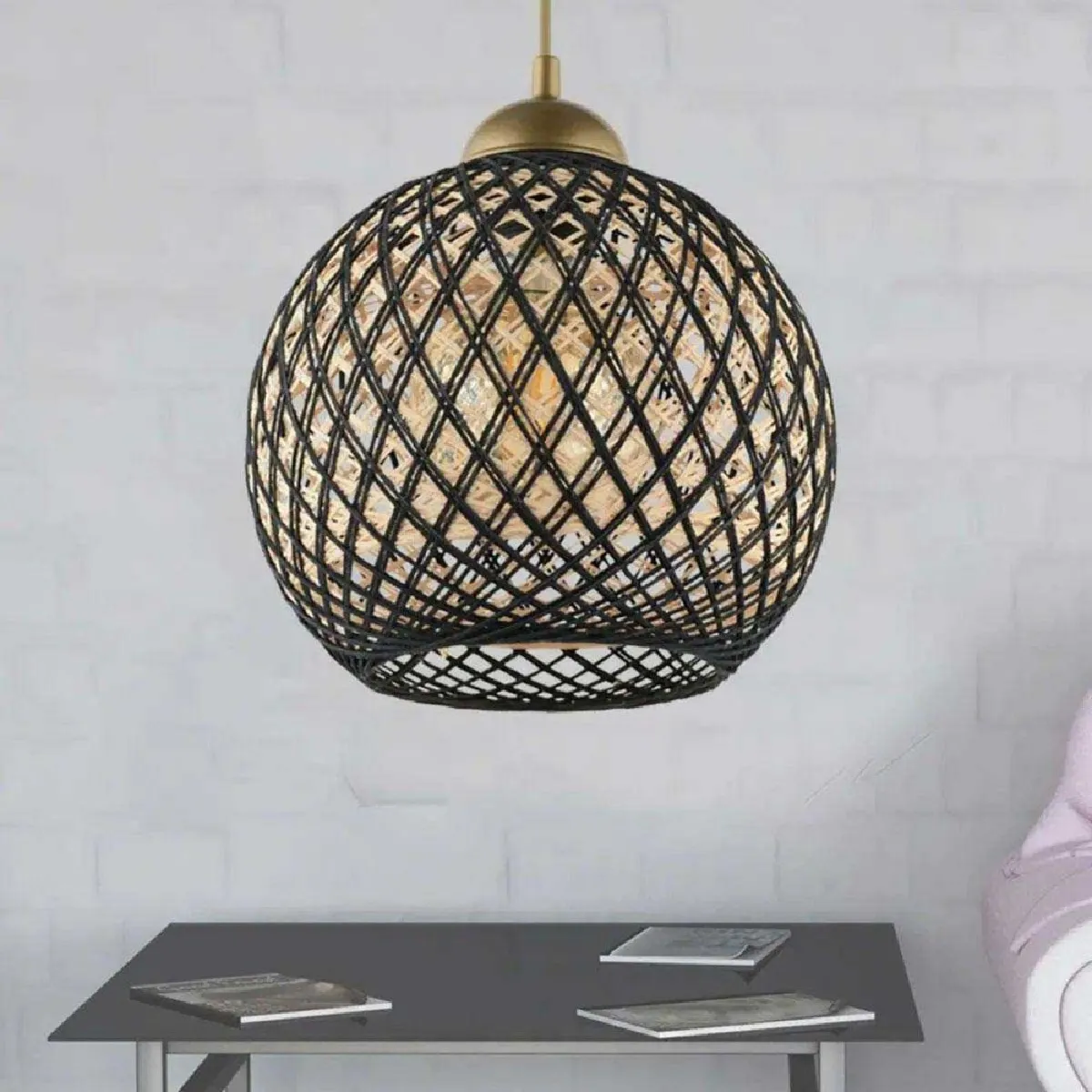 Suspension Métal Thym Et Noir, Hauteur 24cm, Style Contemporain, 1 Ampoule