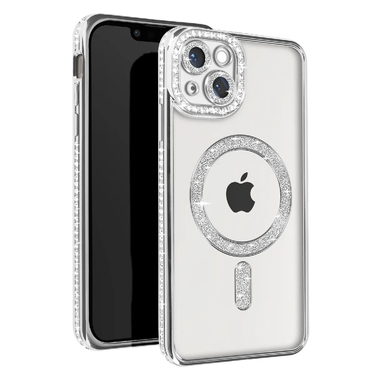 Avizar Argent Coque Diamant Pour Iphone 14 Protection Magsafe Contour Strass