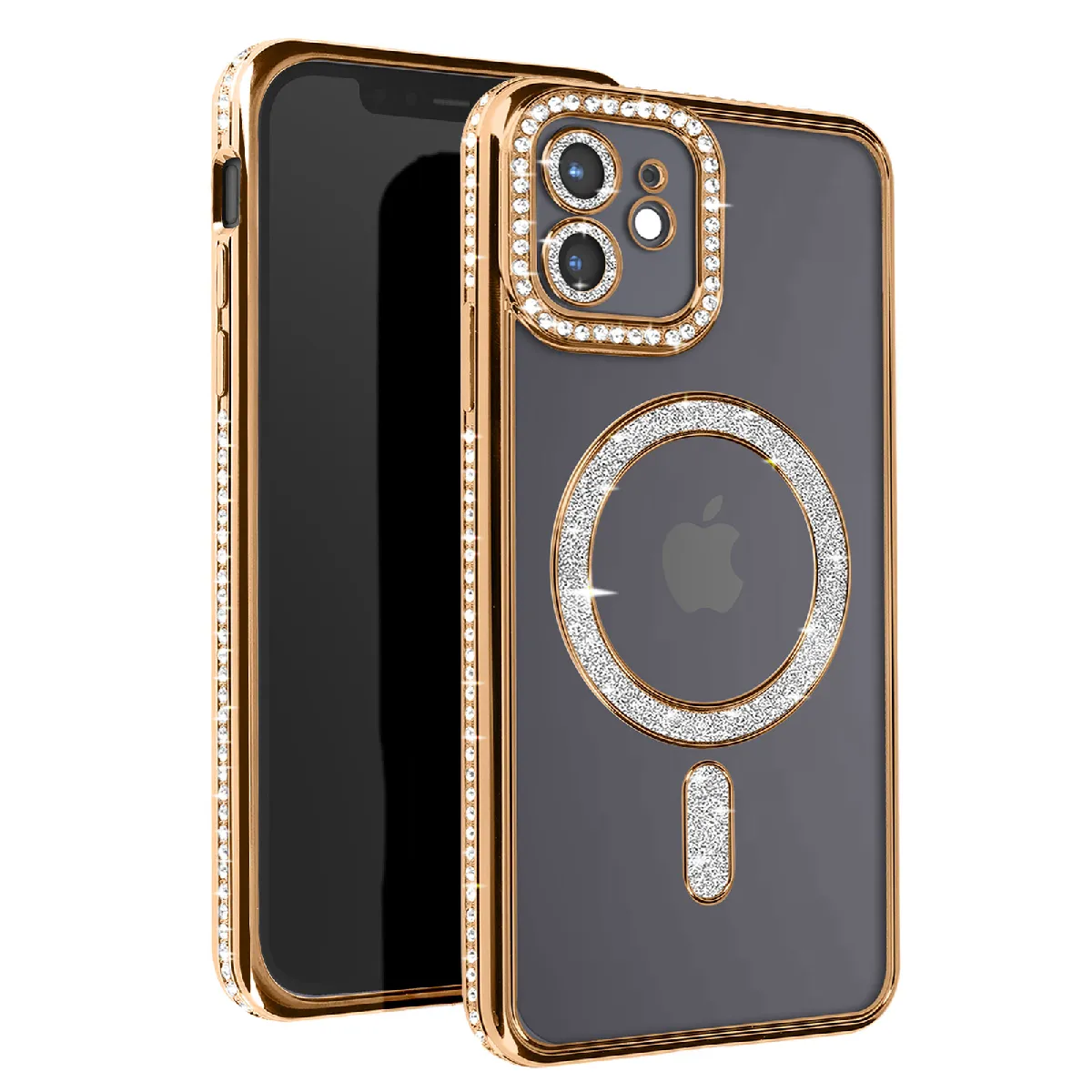 Avizar Doré Coque Diamant Pour Iphone 12 Protection Magsafe Contour Strass E
