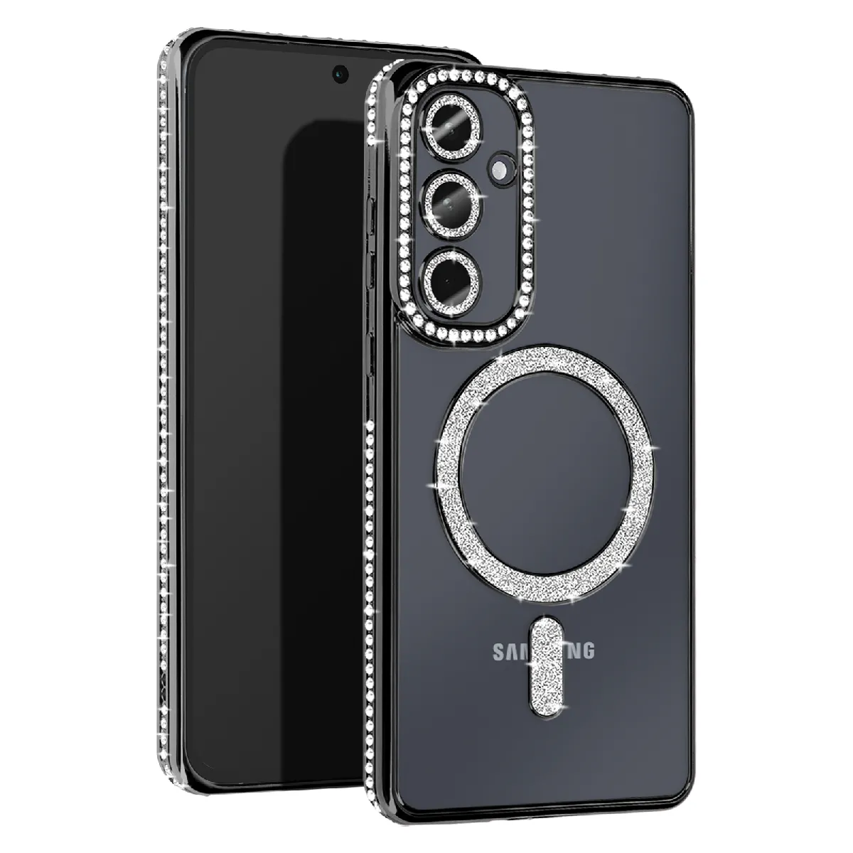 Avizar Noir Coque Diamant Pour Samsung Galaxy A55 Magsafe Contour Strass