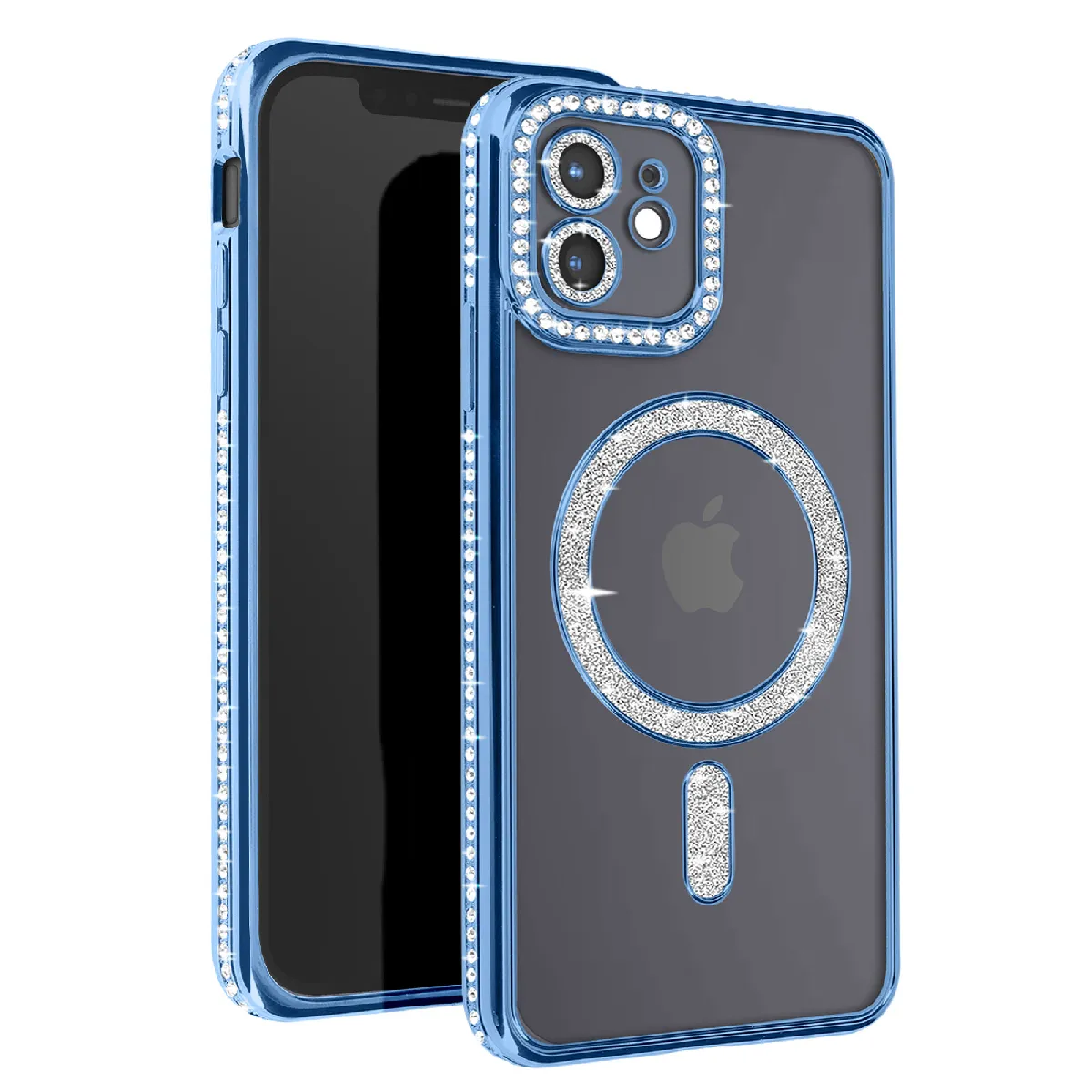 Avizar Bleu/Clair Coque Diamant Pour Iphone 12 Protection Magsafe Contour Strass