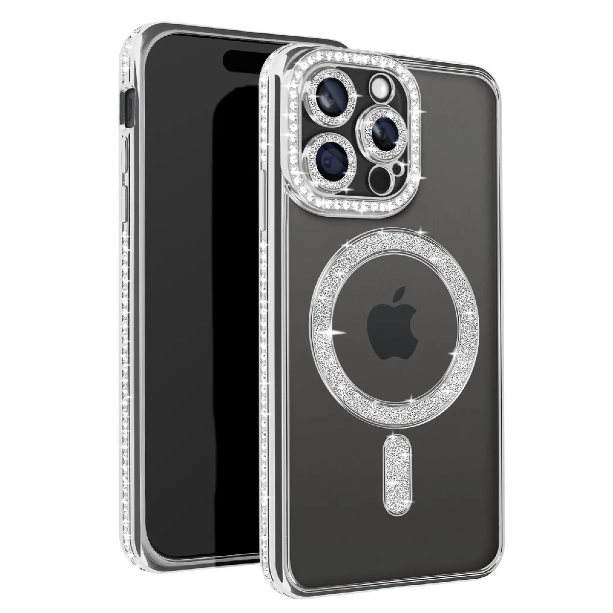 Avizar Argent Coque Diamant Pour Iphone 15 Pro Protection Magsafe Contour Strass