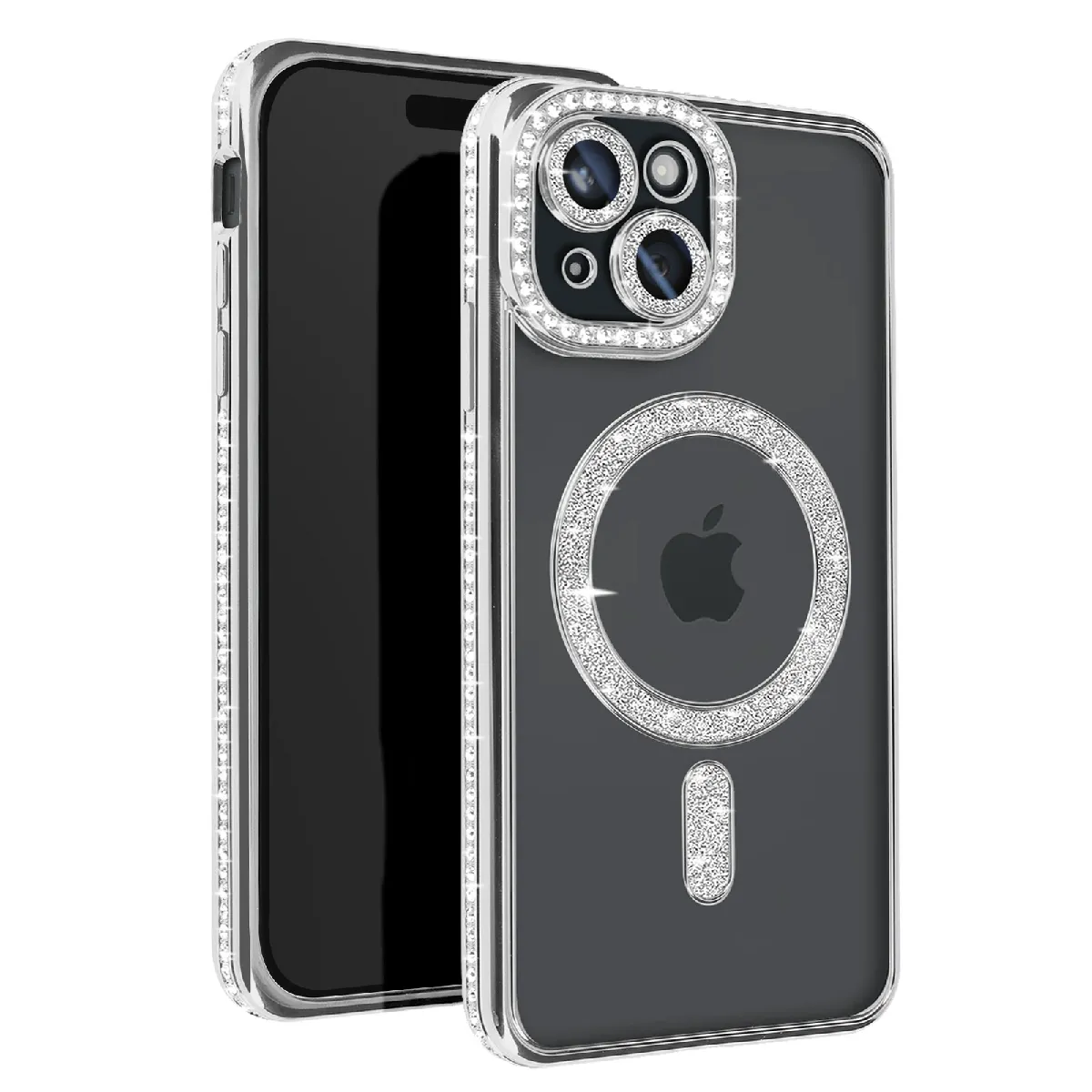 Avizar Argent Coque Diamant Pour Iphone 15 Protection Magsafe Contour Strass