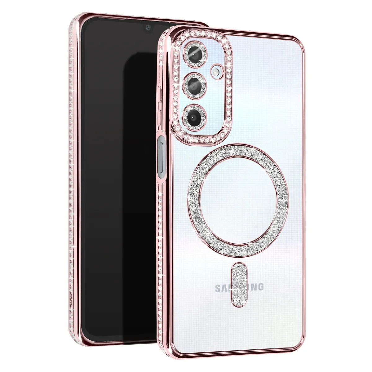 Avizar Rose Coque Diamant Pour Samsung Galaxy A25 Magsafe Contour Strass Champagne
