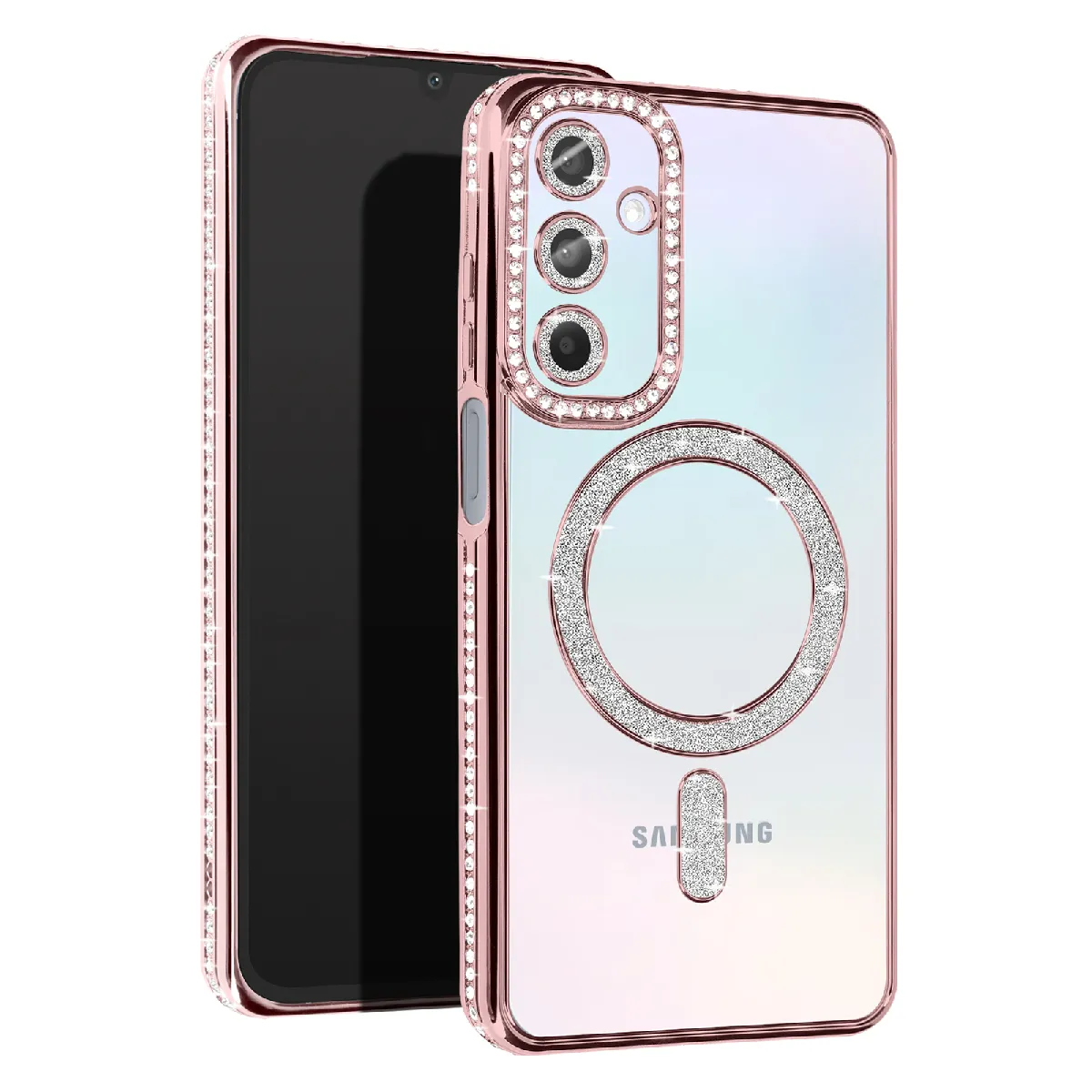 Avizar Rose Coque Diamant Pour Samsung Galaxy A15 Magsafe Contour Strass Champagne