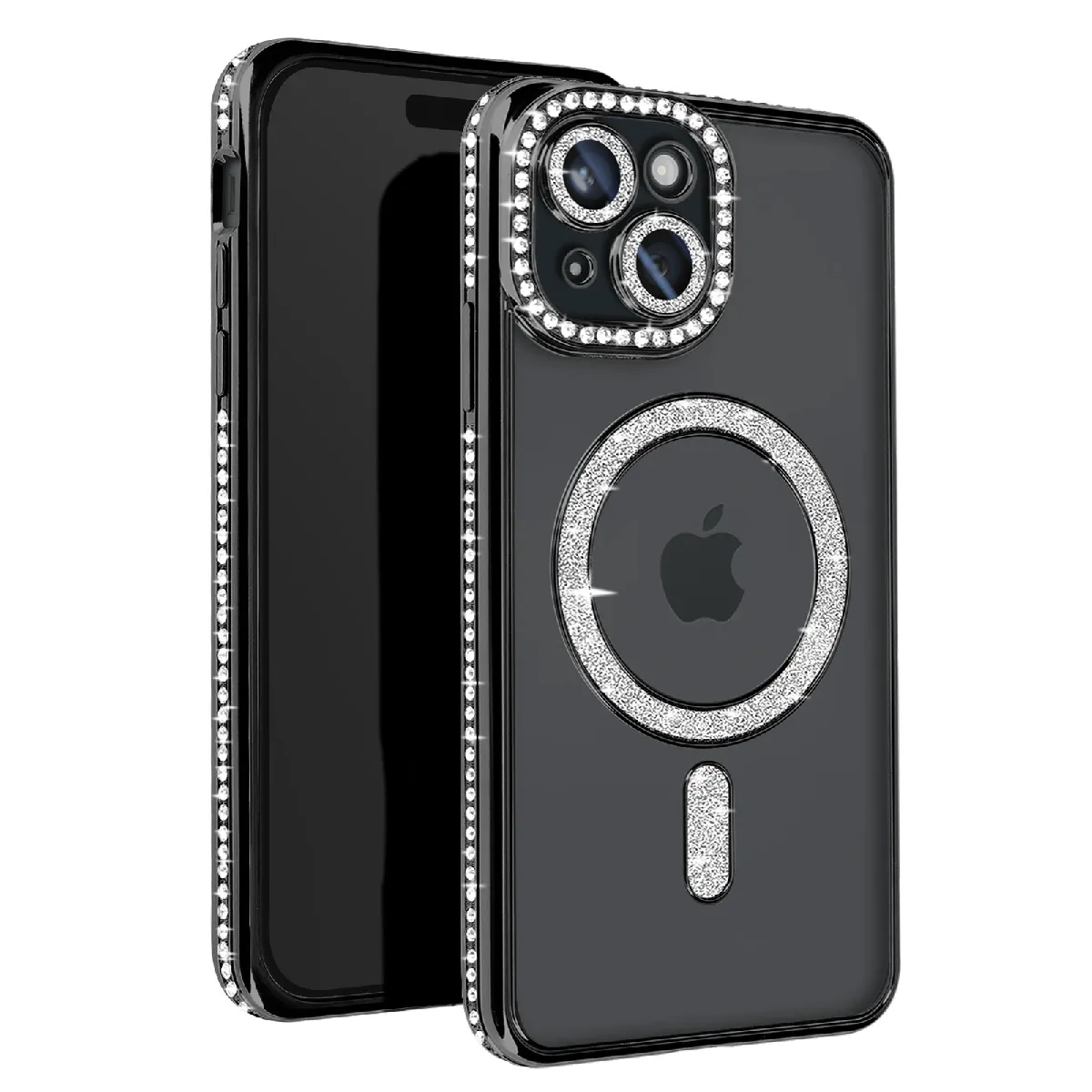 Avizar Noir Coque Diamant Pour Iphone 15 Protection Magsafe Contour Strass