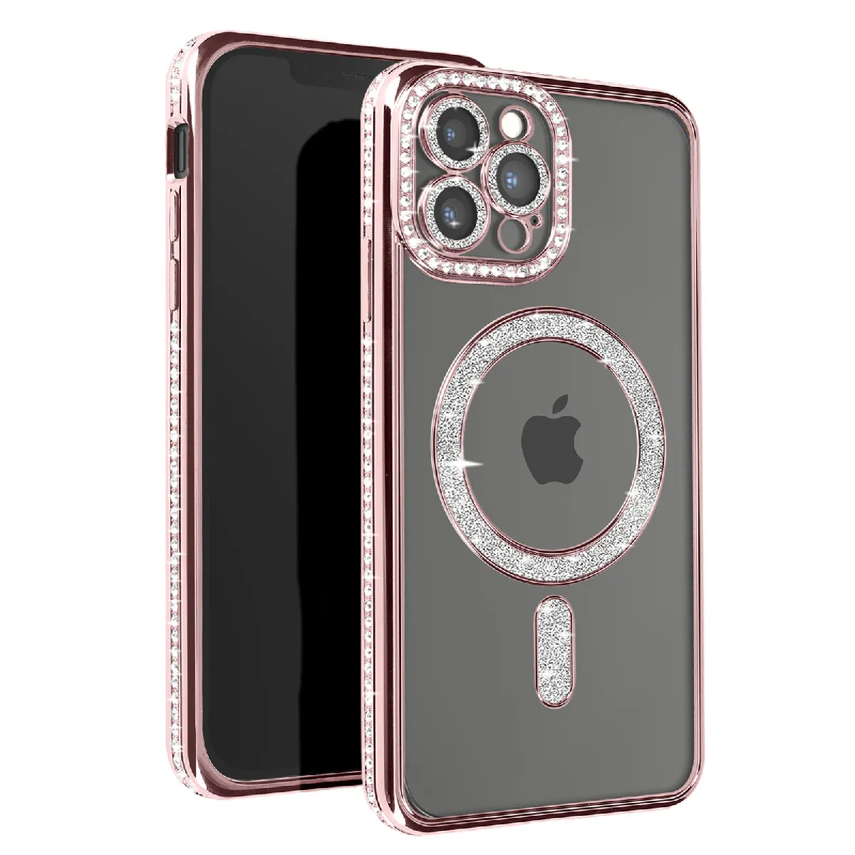 Avizar Rose Coque Diamant Pour Iphone 13 Pro Max Protection Magsafe Contour Strass Champagne