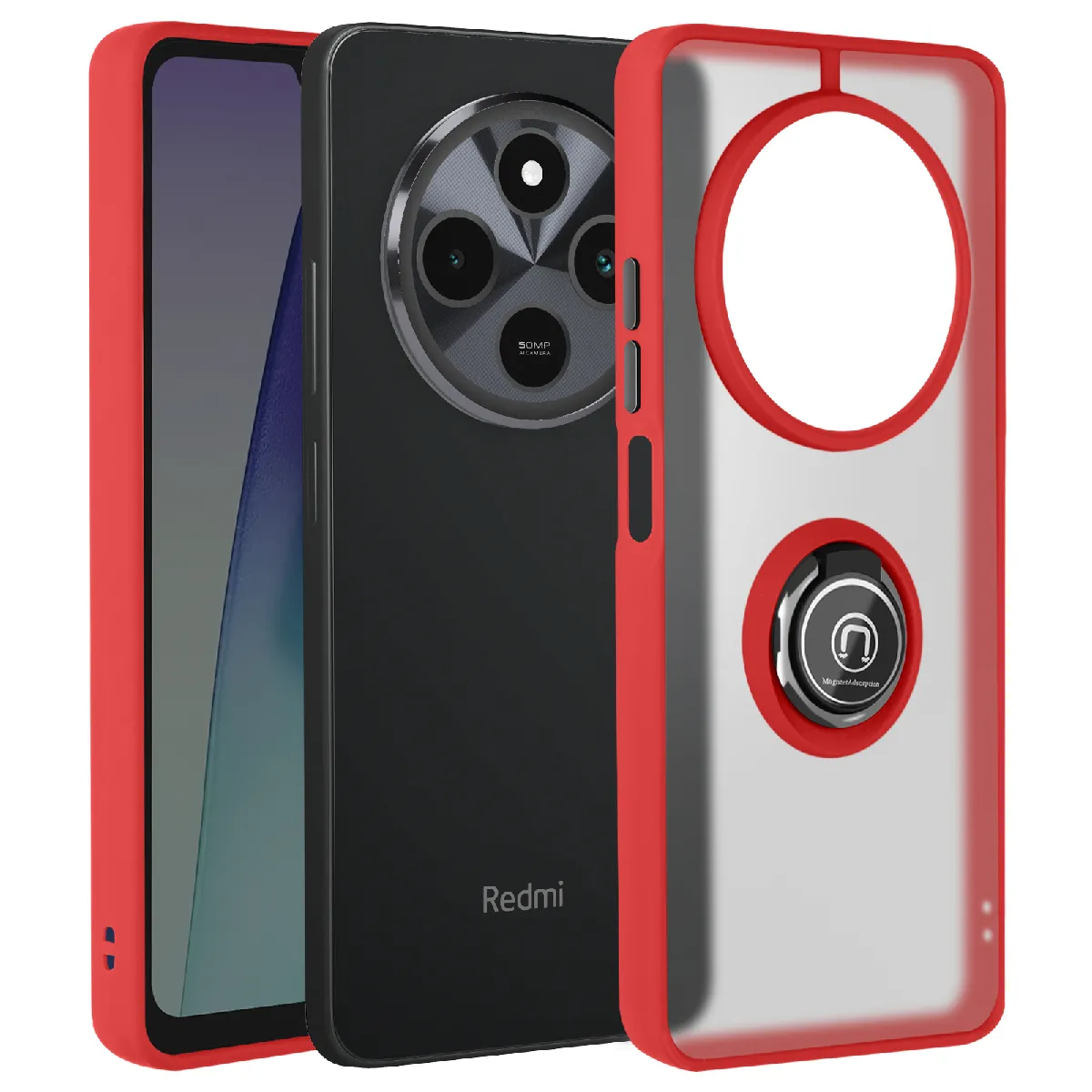 Avizar Rouge Coque Pour Xiaomi Redmi 14C Bague Métallique Support Vidéo