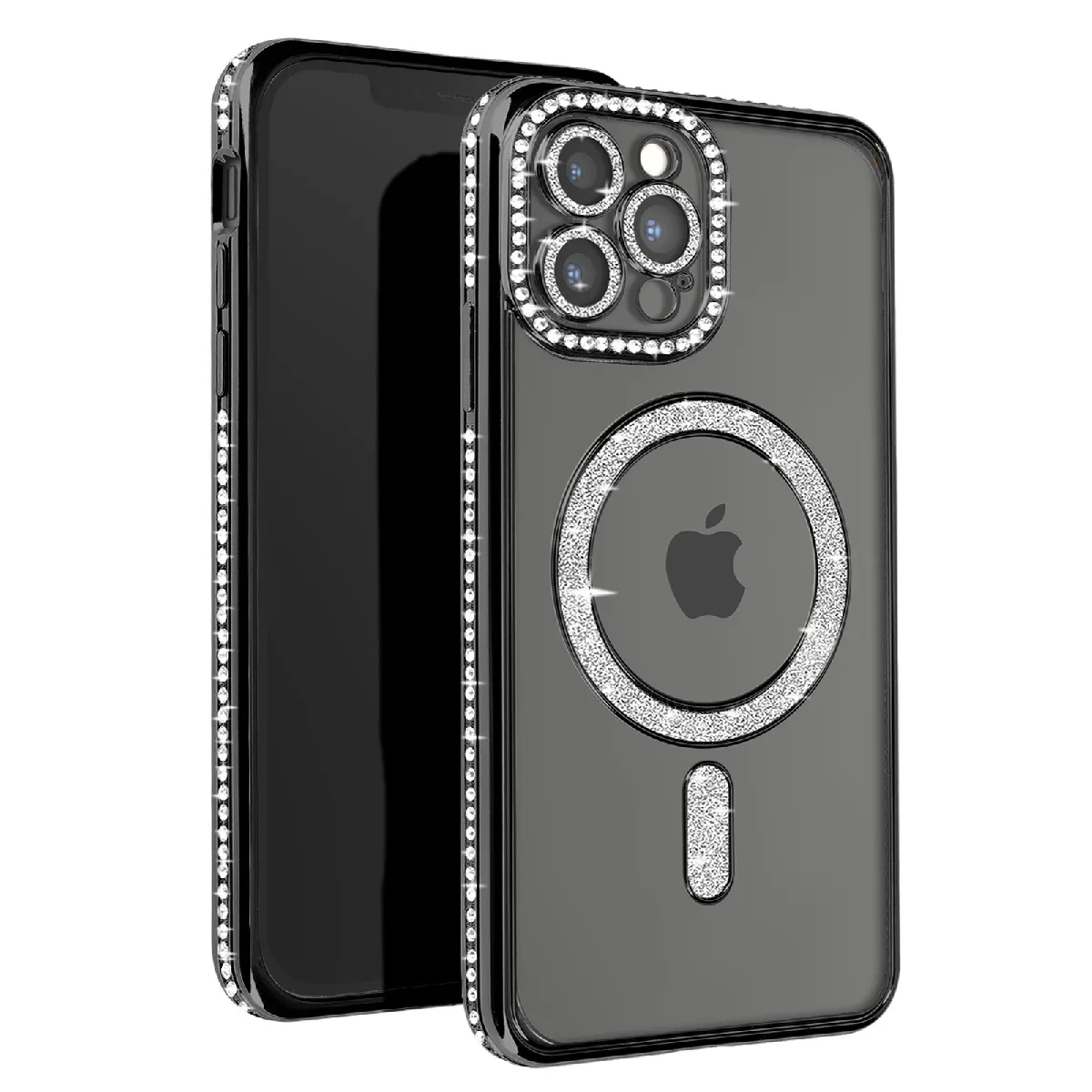 Avizar Noir Coque Diamant Pour Iphone 13 Pro Max Protection Magsafe Contour Strass