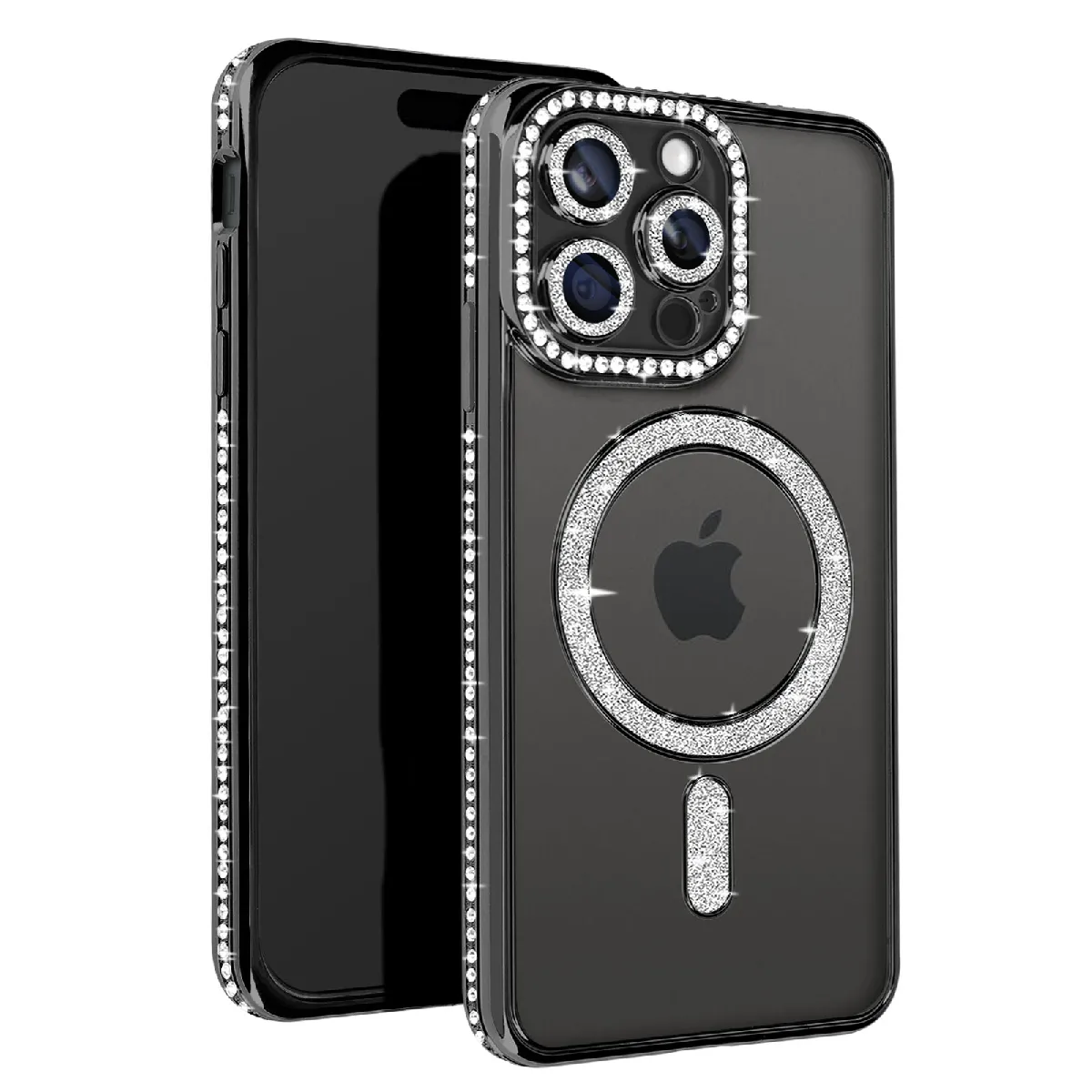 Avizar Noir Coque Diamant Pour Iphone 15 Pro Protection Magsafe Contour Strass
