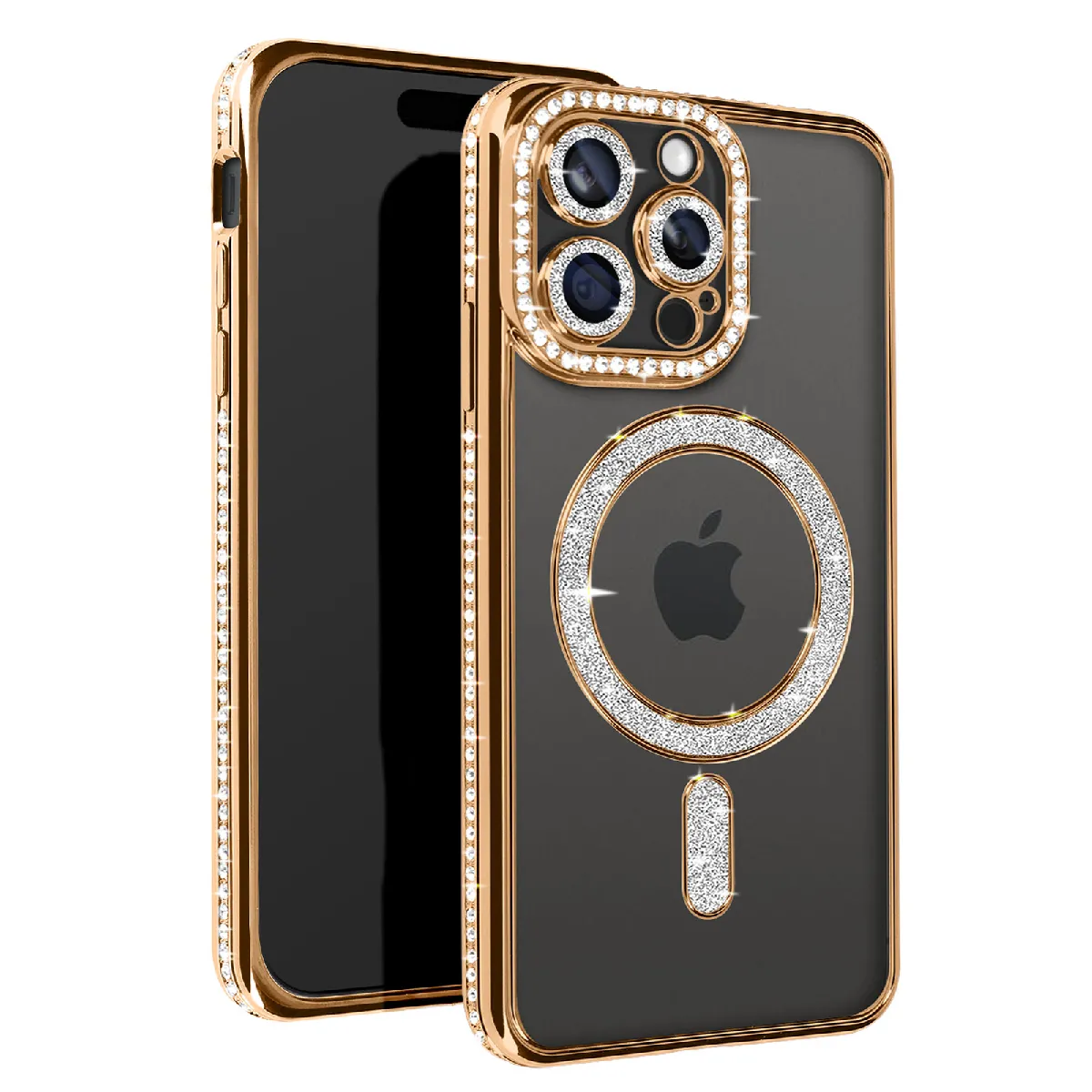 Avizar Doré Coque Diamant Pour Iphone 15 Pro Max Protection Magsafe Contour Strass E