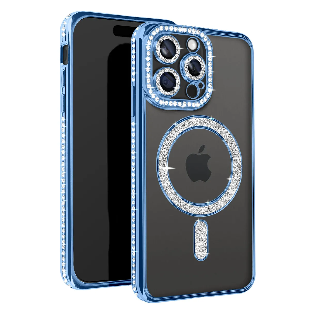 Avizar Bleu/Clair Coque Diamant Pour Iphone 15 Pro Protection Magsafe Contour Strass
