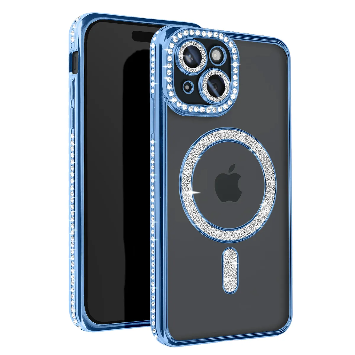 Avizar Bleu/Clair Coque Diamant Pour Iphone 15 Protection Magsafe Contour Strass