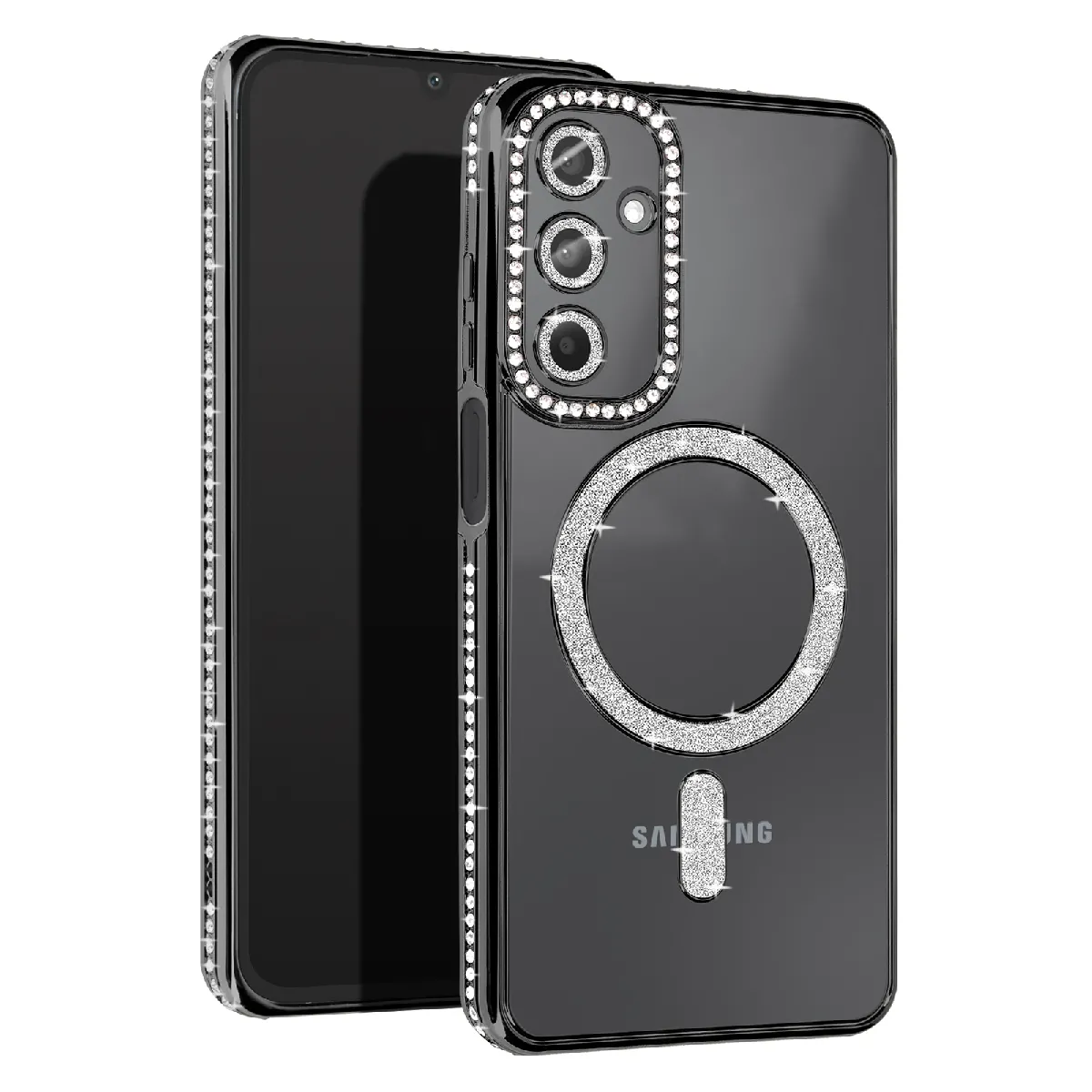 Avizar Noir Coque Diamant Pour Samsung Galaxy A15 Magsafe Contour Strass