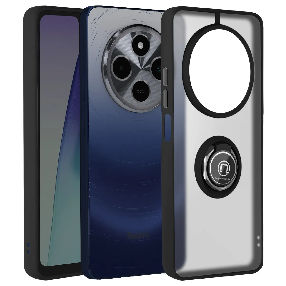 Avizar Noir Coque Pour Xiaomi Redmi 14C Bague Métallique Support Vidéo