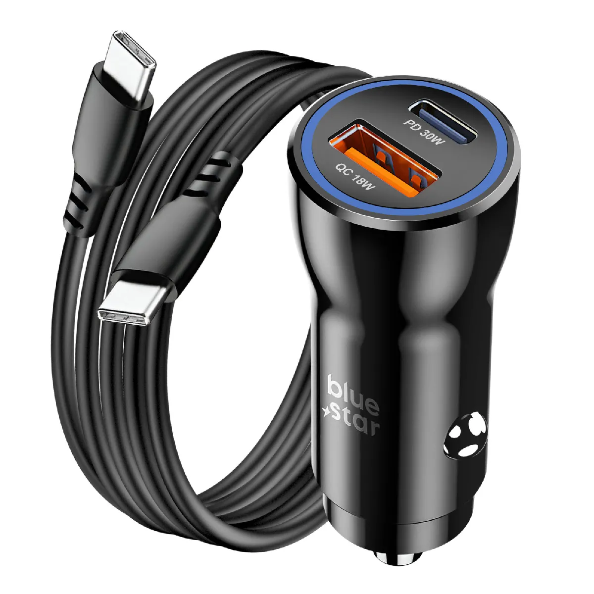Blue Star Noir Chargeur Voiture Usb-C 30W + Usb 18W + Câble Usb-C Design Compact - Neuf - Image 2