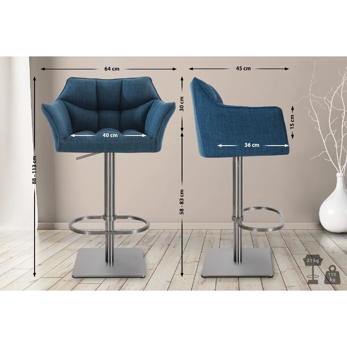 CLP Tabouret de bar Damaso en Tissu , Bleu/Acier inoxydable