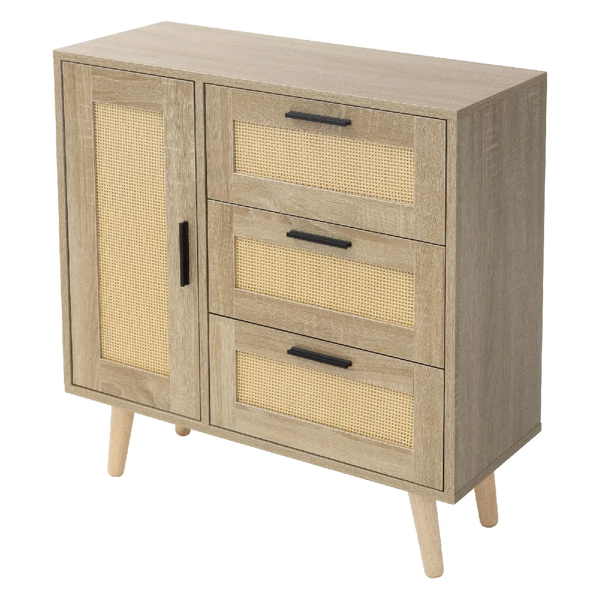 Commode avec 1 porte & 3 tiroirs, 74x76x30 cm, aspect chêne, Sideboard avec façade en rotin et pieds en bois massif Commode avec 1 porte & 3 tiroirs, 74x76x30 cm, aspect chêne, Sideboard avec façade en rotin et pieds en bois massif