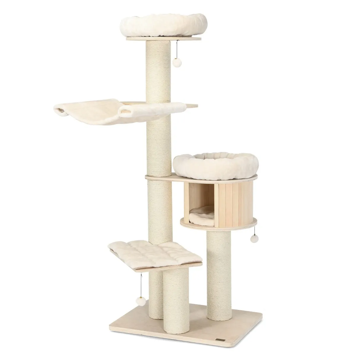 Meilleurs prix pour Arbre à chat en bois massif de 174 cm tour à chat à 4 niveaux avec poteaux de grattage en sisal condo perchoir en peluche hamac support d'escalade 20_0005505
