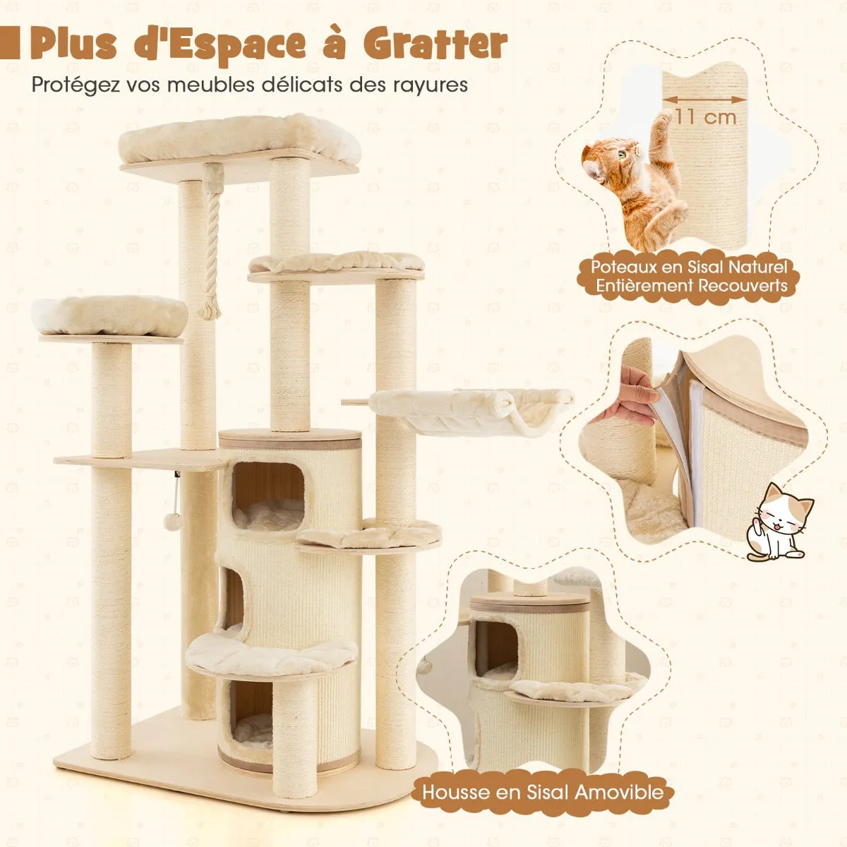 Comparer les prix de Arbre à chat 173 cm 3 condos 2 perchoirs hamac tour à chat griffoir poteaux sisal boule à ressort beige 20_0005493