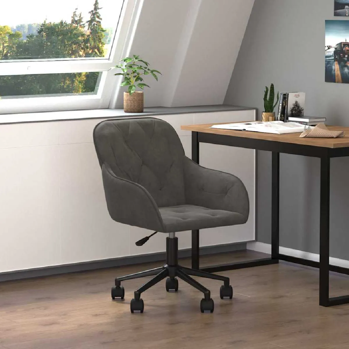 vidaXL Chaise pivotante de bureau Gris foncé Velours