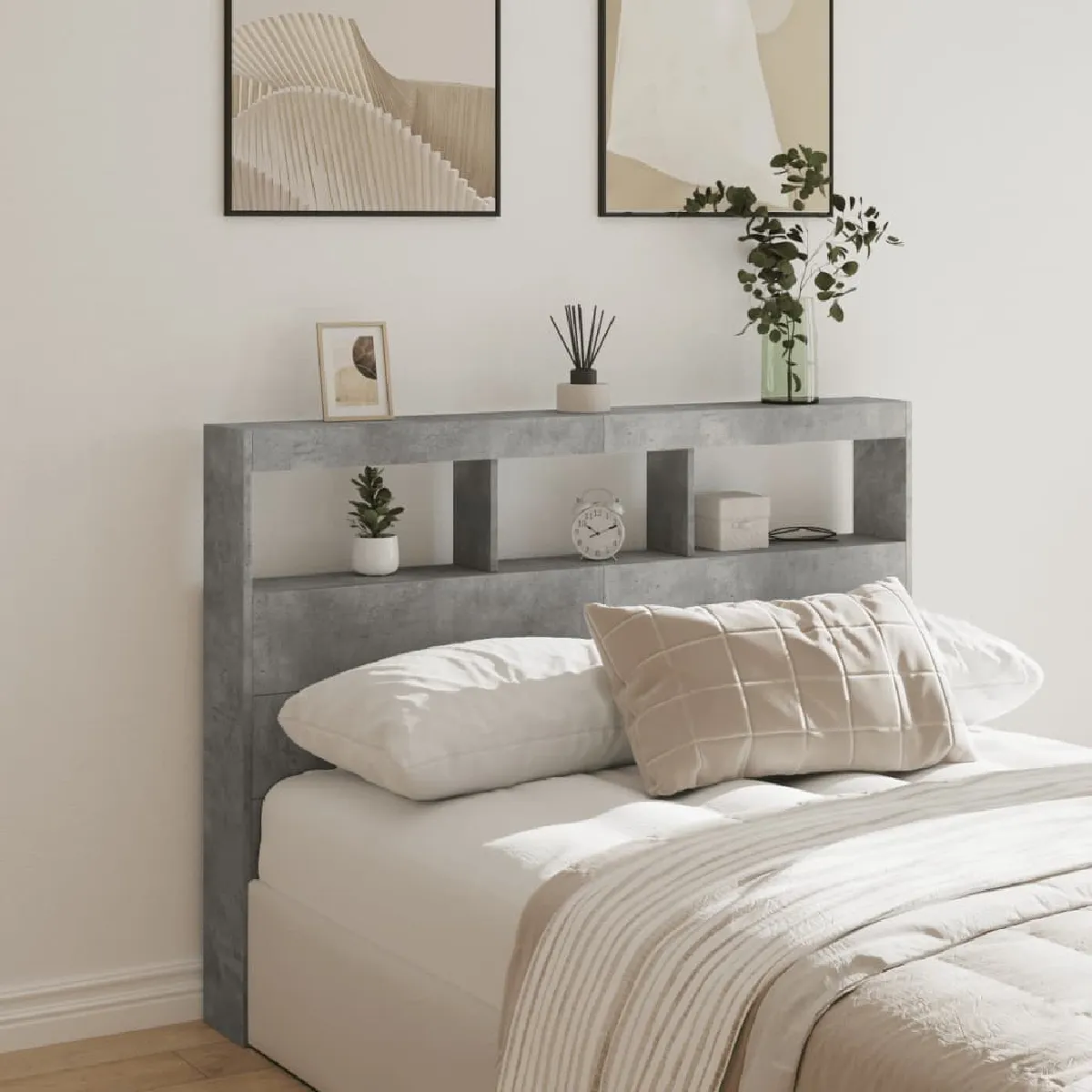 vidaXL Armoire tête de lit avec LED gris béton 140x17x102 cm